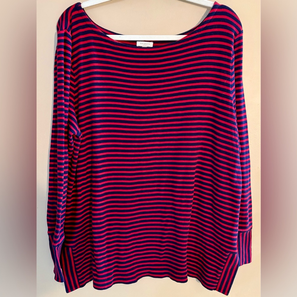 Talbots XL Navy and Red Striped Long-Sleeved Tunic With Scooped Neck